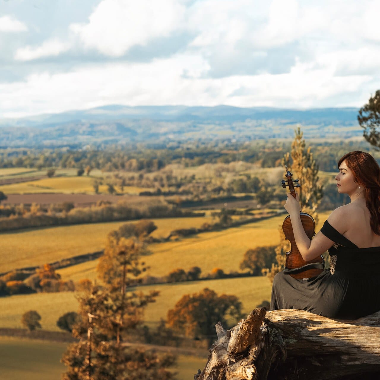 Aria playing the violin in the countryside